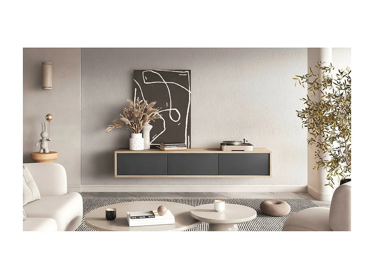 Meuble TV 180 cm collection MAANUM couleur chêne clair et gris