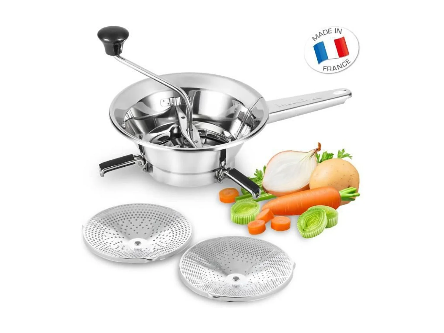 Molinillo de verduras de acero inoxidable de 19 cm, 2 rejillas de acero inoxidable, patas plegables