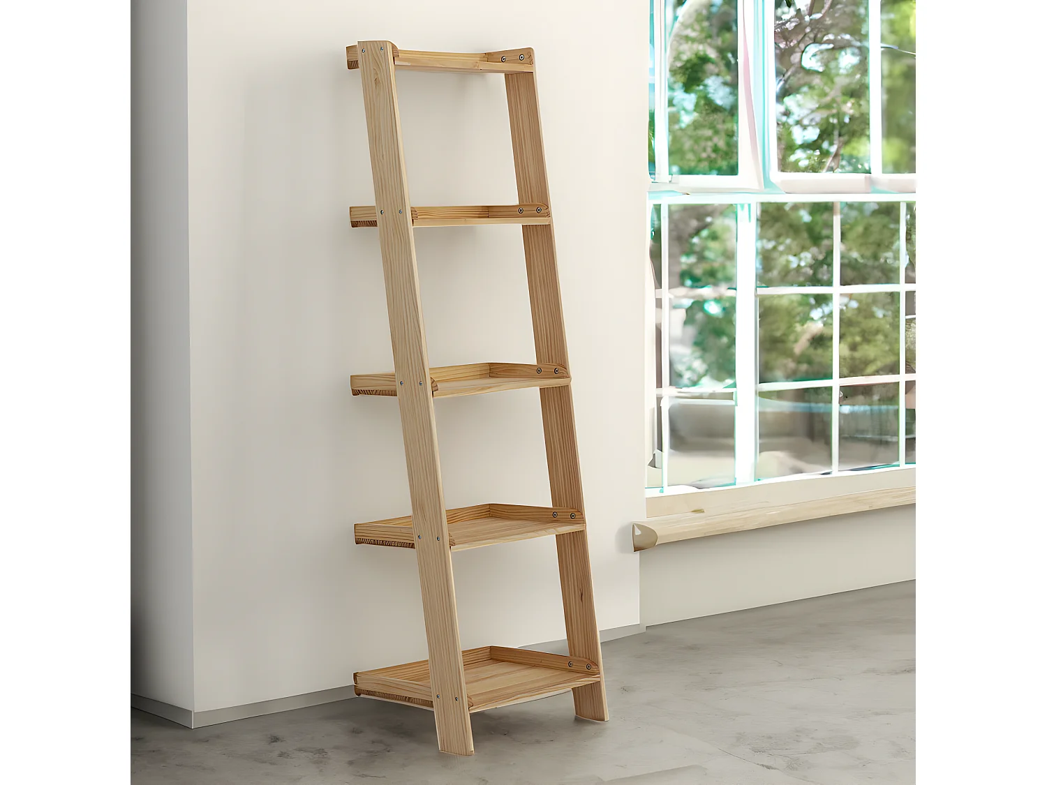 Prateleiras decorativas em escada com tabuleiros. 60x40x180cm. Madeira maciça de pinho com acabamento natural. Móveis de caixa.