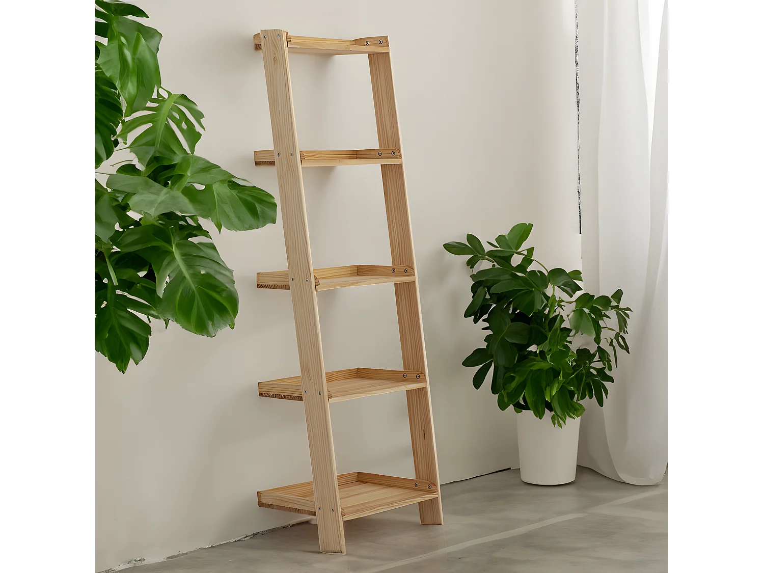 Prateleiras decorativas em escada com tabuleiros. 60x40x180cm. Madeira maciça de pinho com acabamento natural. Móveis de caixa.