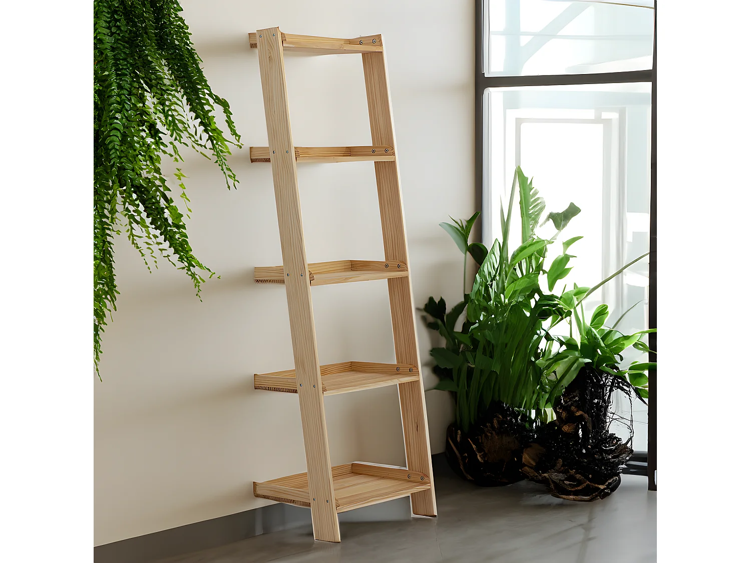 Prateleiras decorativas em escada com tabuleiros. 60x40x180cm. Madeira maciça de pinho com acabamento natural. Móveis de caixa.