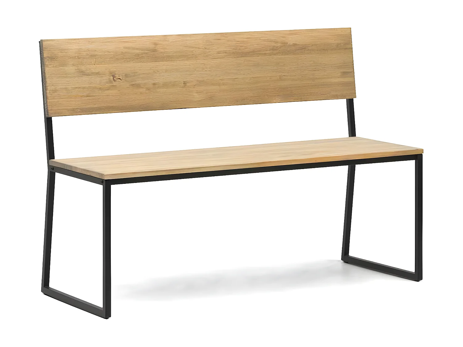 Banco Oxford ECO em estilo industrial com encosto em madeira maciça de pinho com acabamento envelhecido. Metal cor preto. 124x44x86 BOX FURNITURE