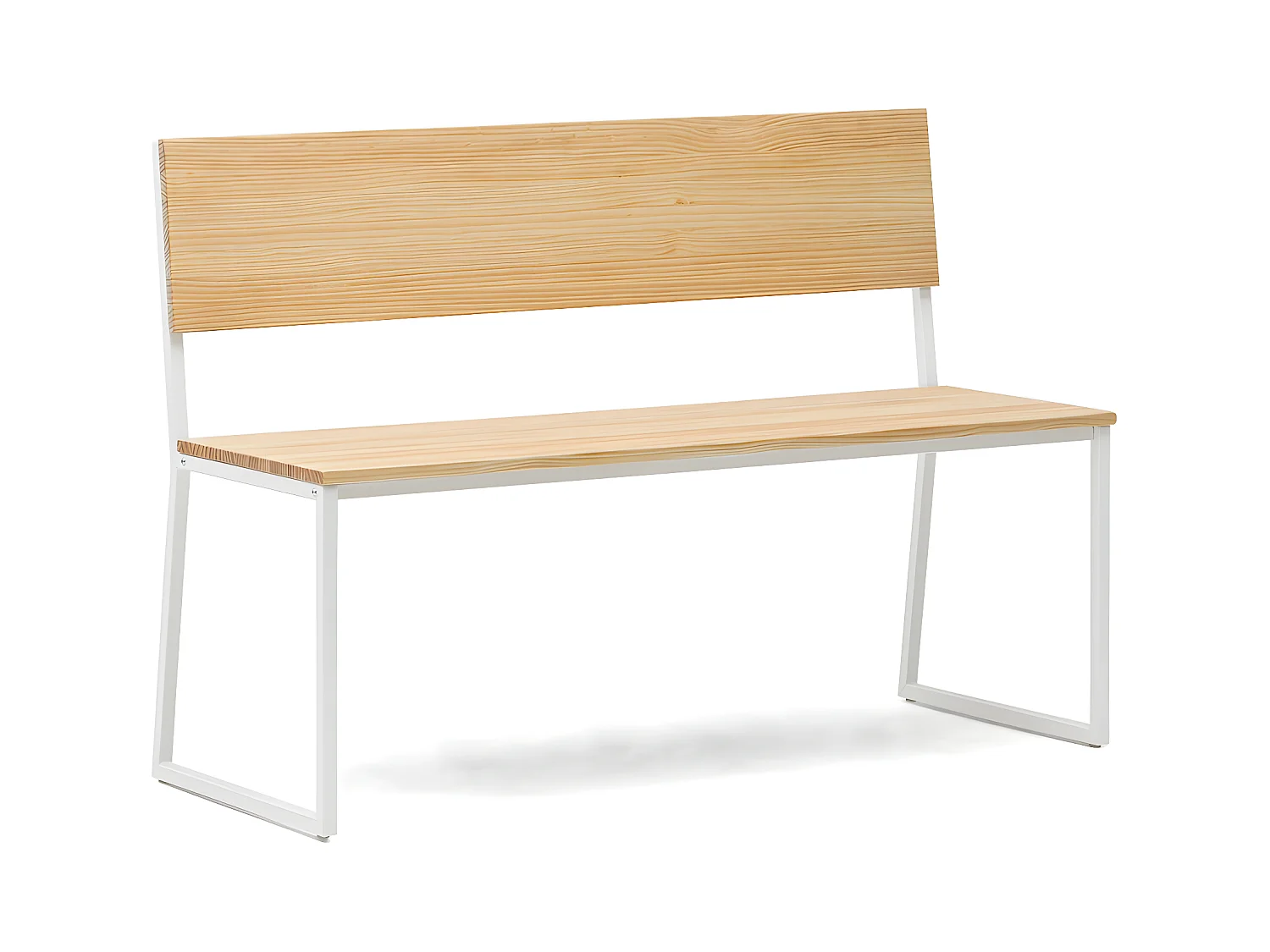 Banc Oxford ECO en  style scandinave  avec dossier en bois de pin massif finition naturel. Couleur métal blanc.  124  x 44  x 86 cm. BOX FURNITURE.