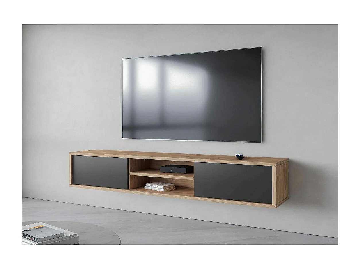 TV-meubel 180cm, 2 deuren en 2 vakken collectie MAANUM. Kleur licht eiken en grijs.