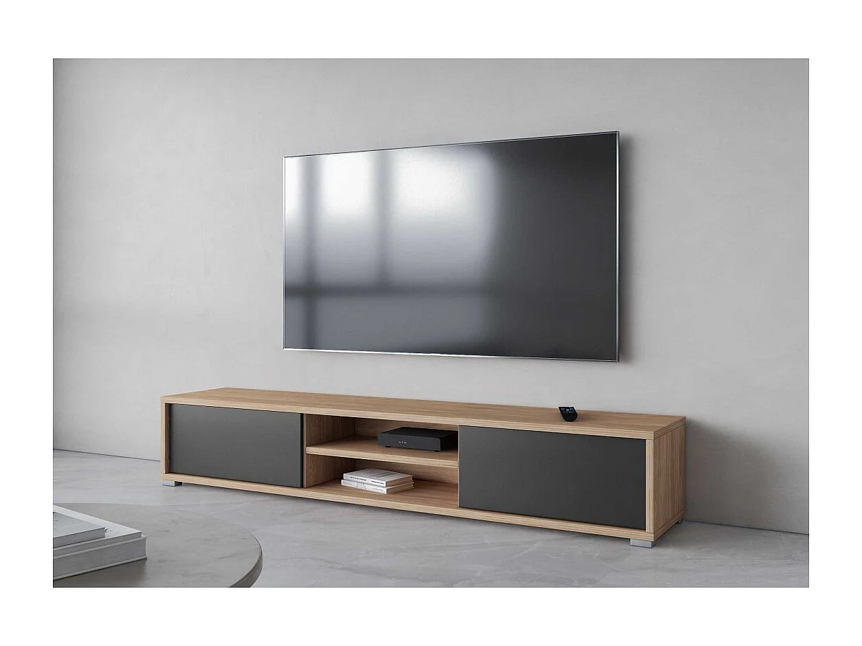 TV-meubel 180cm, 2 deuren en 2 vakken collectie MAANUM. Kleur licht eiken en grijs.