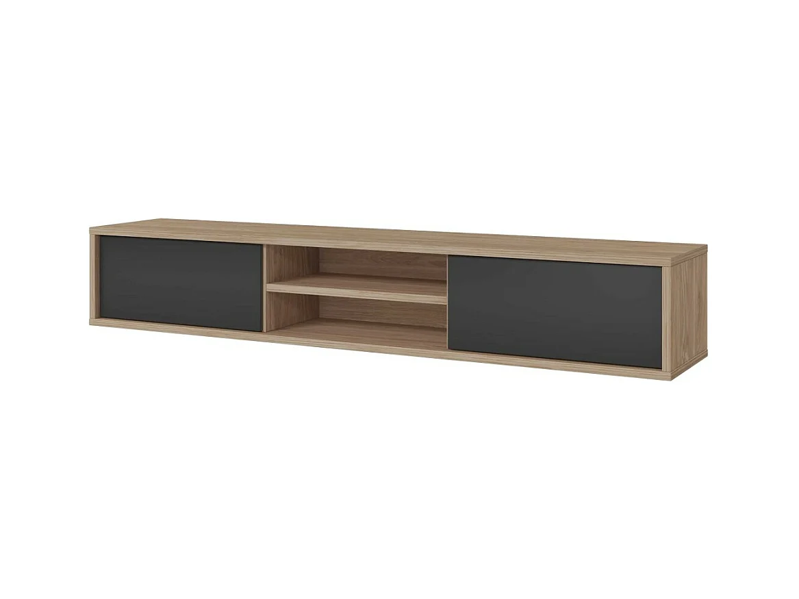 Meuble TV 180cm, 2 portes et 2 niches collection MAANUM. Couleur chêne clair et gris.