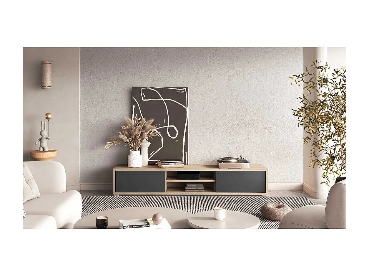 Meuble TV 180cm, 2 portes et 2 niches collection MAANUM. Couleur chêne clair et gris.