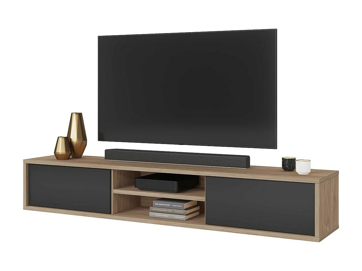 Meuble TV 180cm, 2 portes et 2 niches collection MAANUM. Couleur chêne clair et gris.