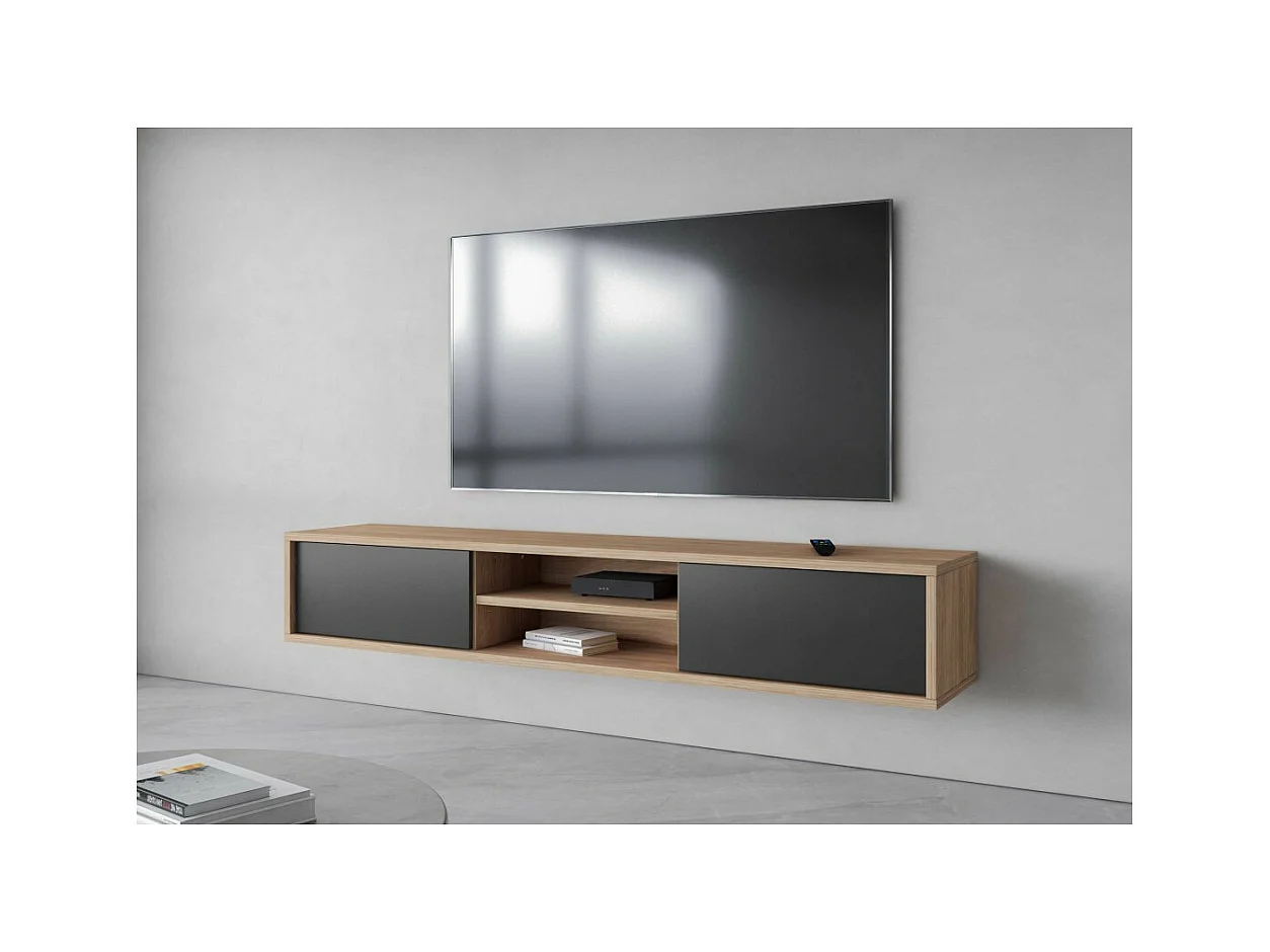 Meuble TV 180cm, 2 portes et 2 niches collection MAANUM. Couleur chêne clair et gris.