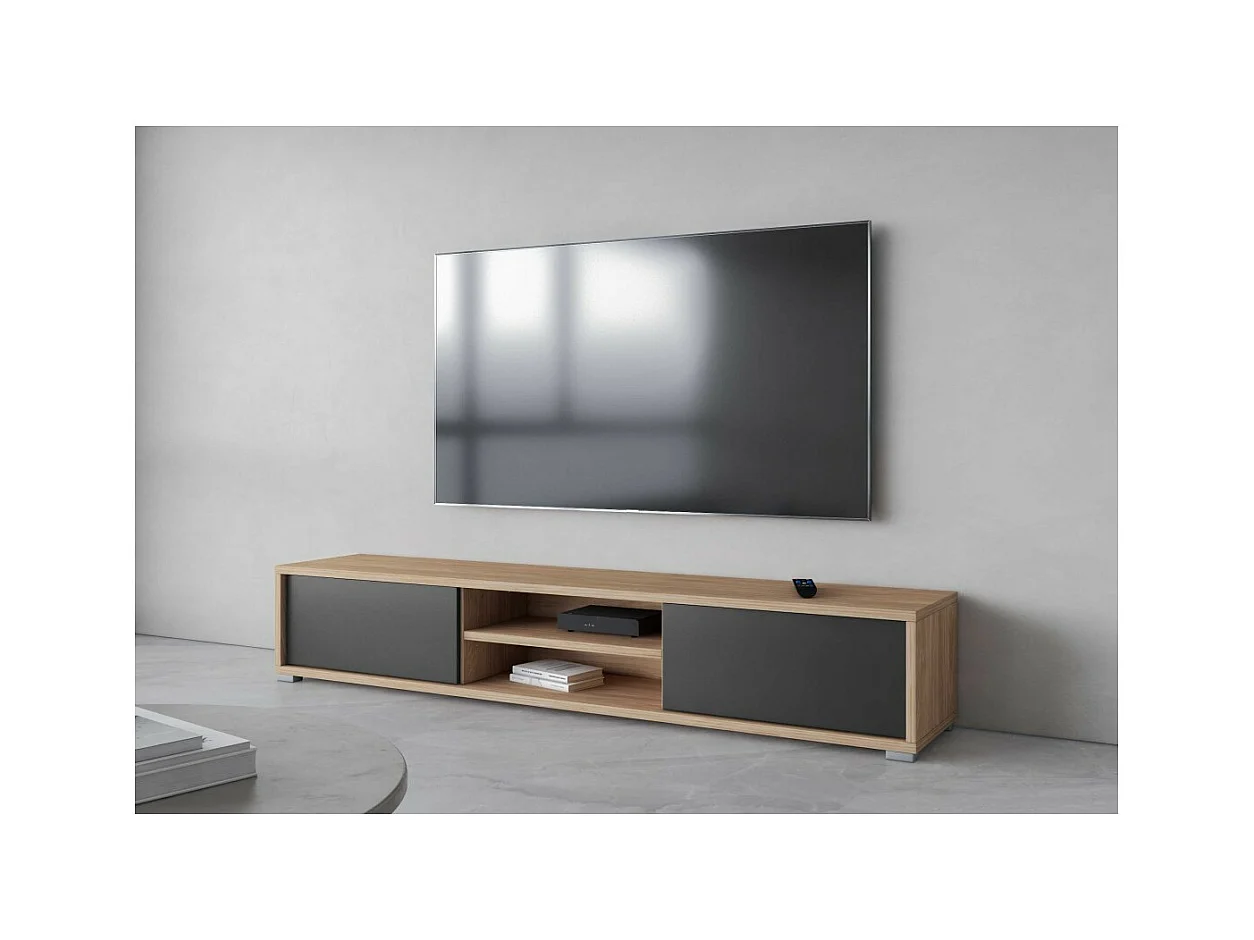 Meuble TV 180cm, 2 portes et 2 niches collection MAANUM. Couleur chêne clair et gris.