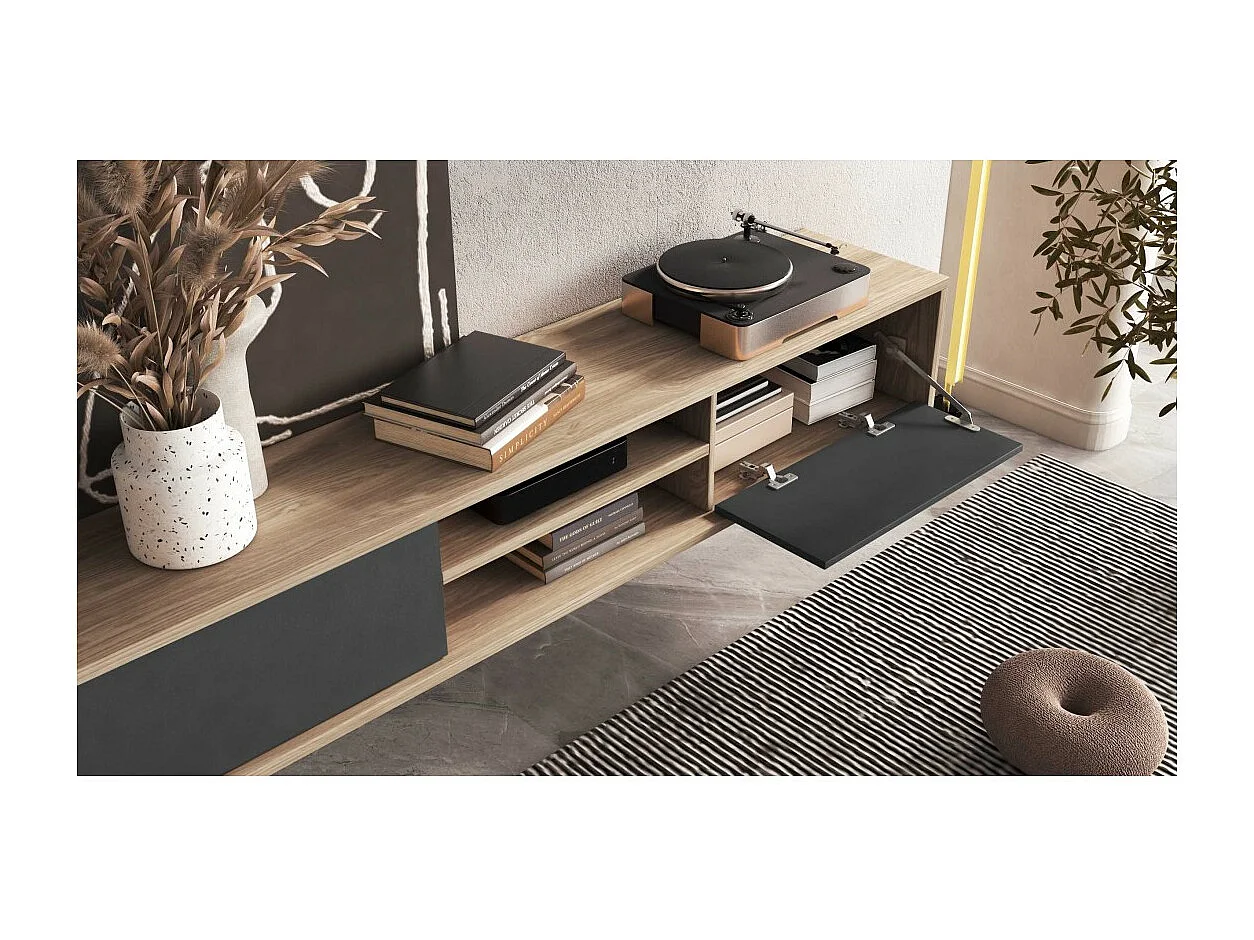 Meuble TV 180cm, 2 portes et 2 niches collection MAANUM. Couleur chêne clair et gris.