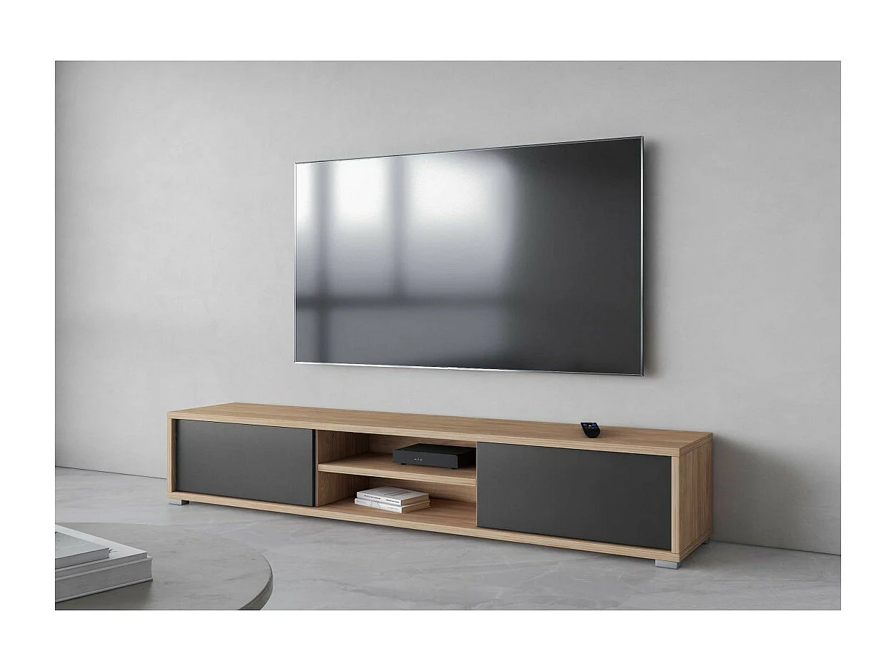 Meuble TV 180cm, 2 portes et 2 niches collection MAANUM. Couleur chêne clair et gris.