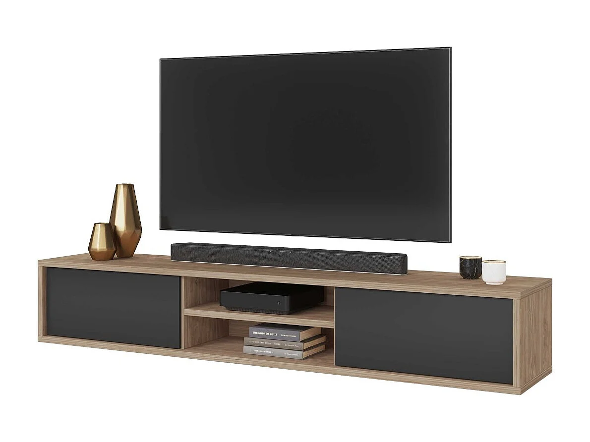 Meuble TV 180cm, 2 portes et 2 niches collection MAANUM. Couleur chêne clair et gris.