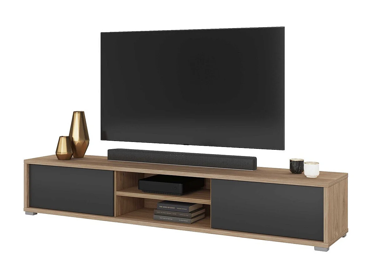 Meuble TV 180cm, 2 portes et 2 niches collection MAANUM. Couleur chêne clair et gris.