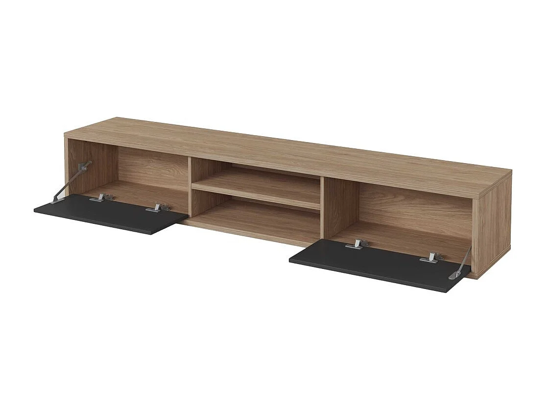 Meuble TV 180cm, 2 portes et 2 niches collection MAANUM. Couleur chêne clair et gris.