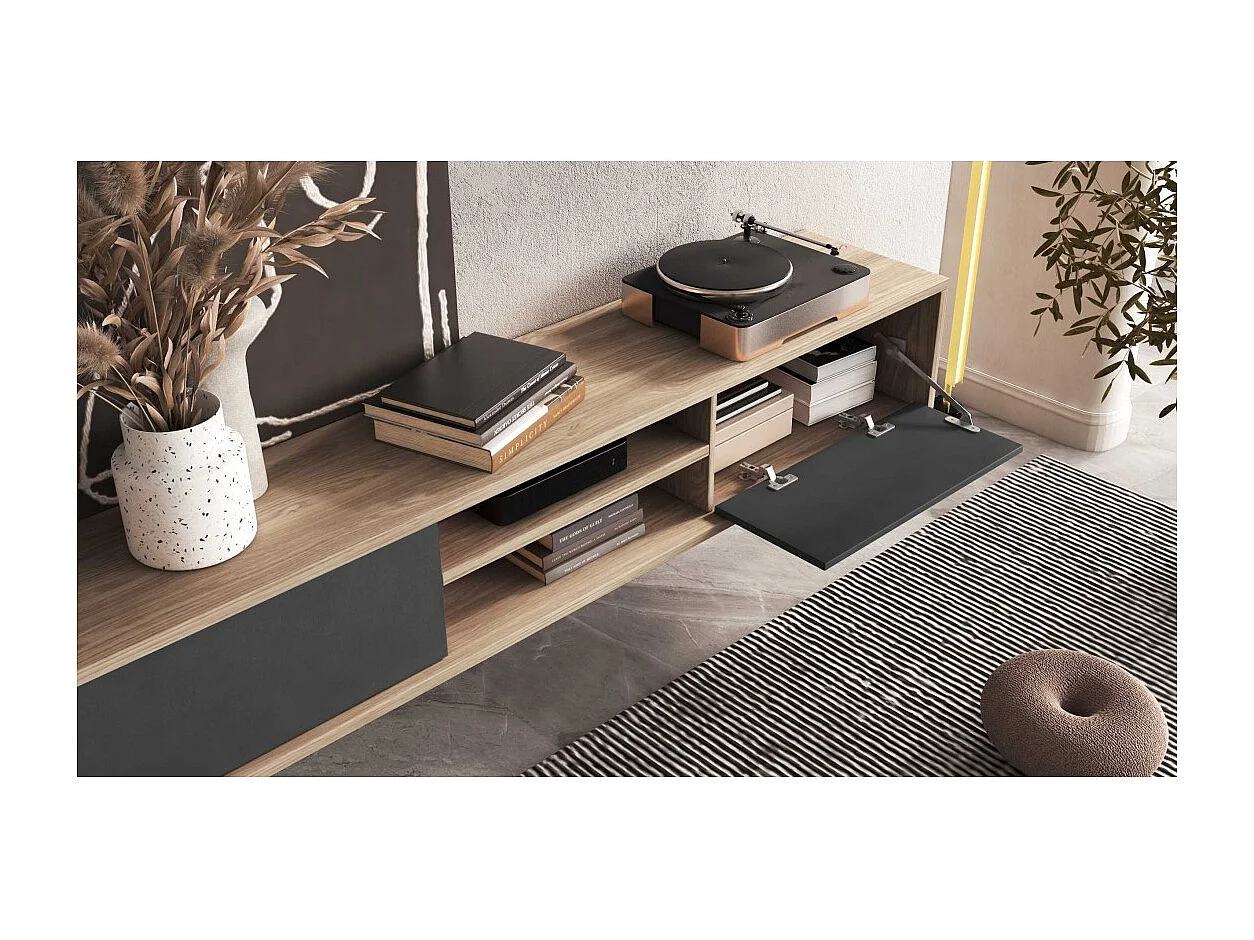 Meuble TV 180cm, 2 portes et 2 niches collection MAANUM. Couleur chêne clair et gris.