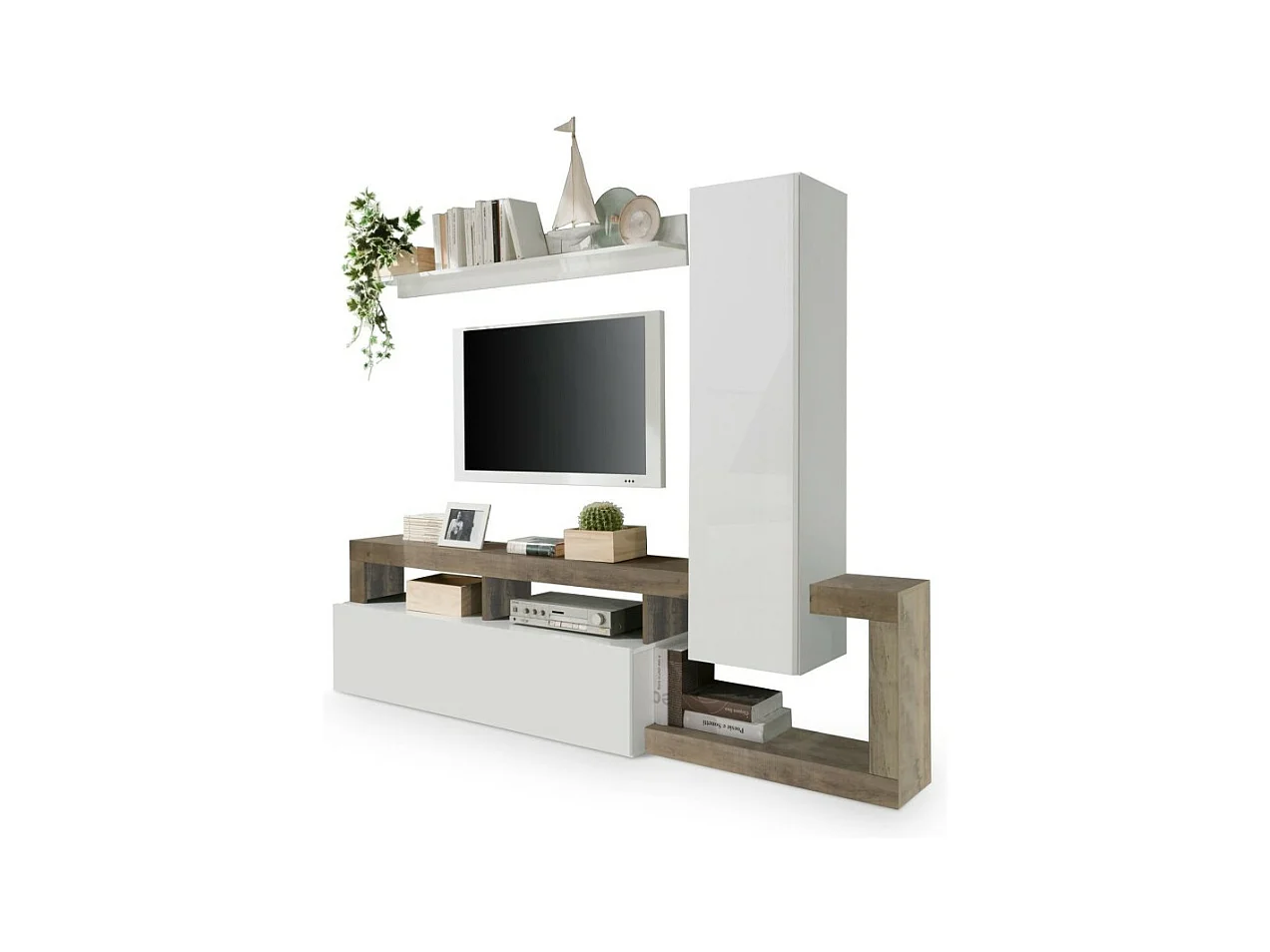 Ensemble meubles salon avec rangements, collection BURA, longueur 219 cm, blanc laqué/chêne cadiz
