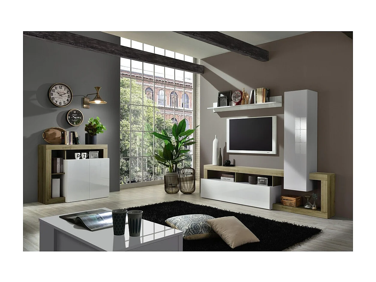 Woonkamer meubelset met opbergruimte, collectie BURA, lengte 219 cm, hoogglans wit/cadiz eiken