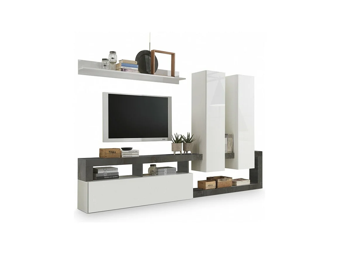 Ensemble meubles salon avec rangements, collection BURA, blanc laqué/gris anthracite