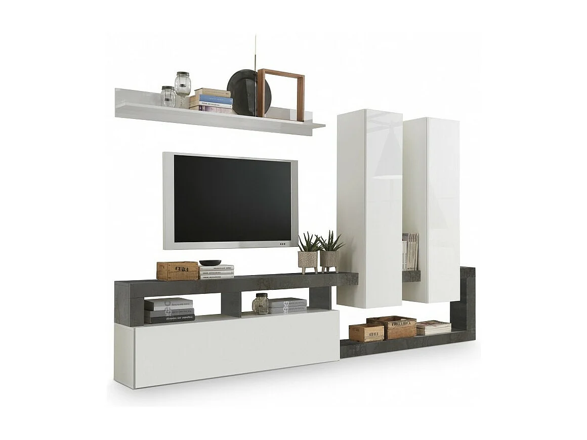 Ensemble meubles salon avec rangements, collection BURA, blanc laqué/gris anthracite