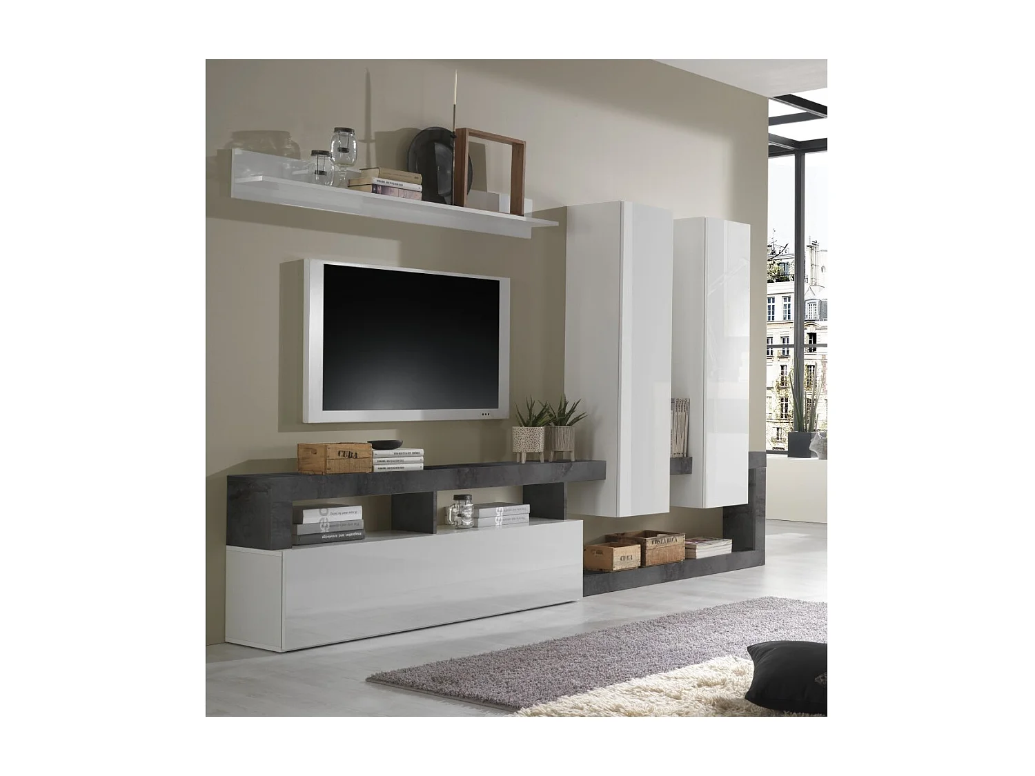 Ensemble meubles salon avec rangements, collection BURA, blanc laqué/gris anthracite