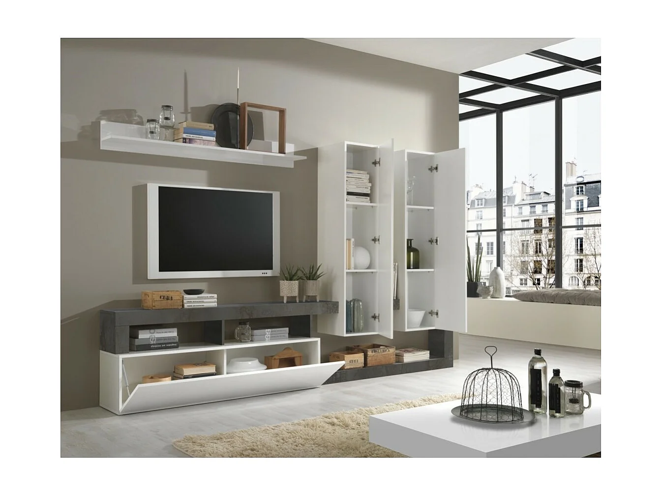 Ensemble meubles salon avec rangements, collection BURA, blanc laqué/gris anthracite