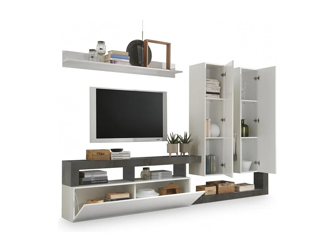 Ensemble meubles salon avec rangements, collection BURA, blanc laqué/gris anthracite