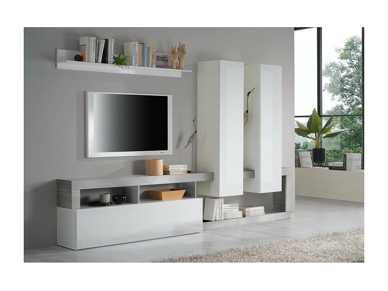 Ensemble meubles salon avec rangements, collection BURA, blanc laqué/gris effet béton