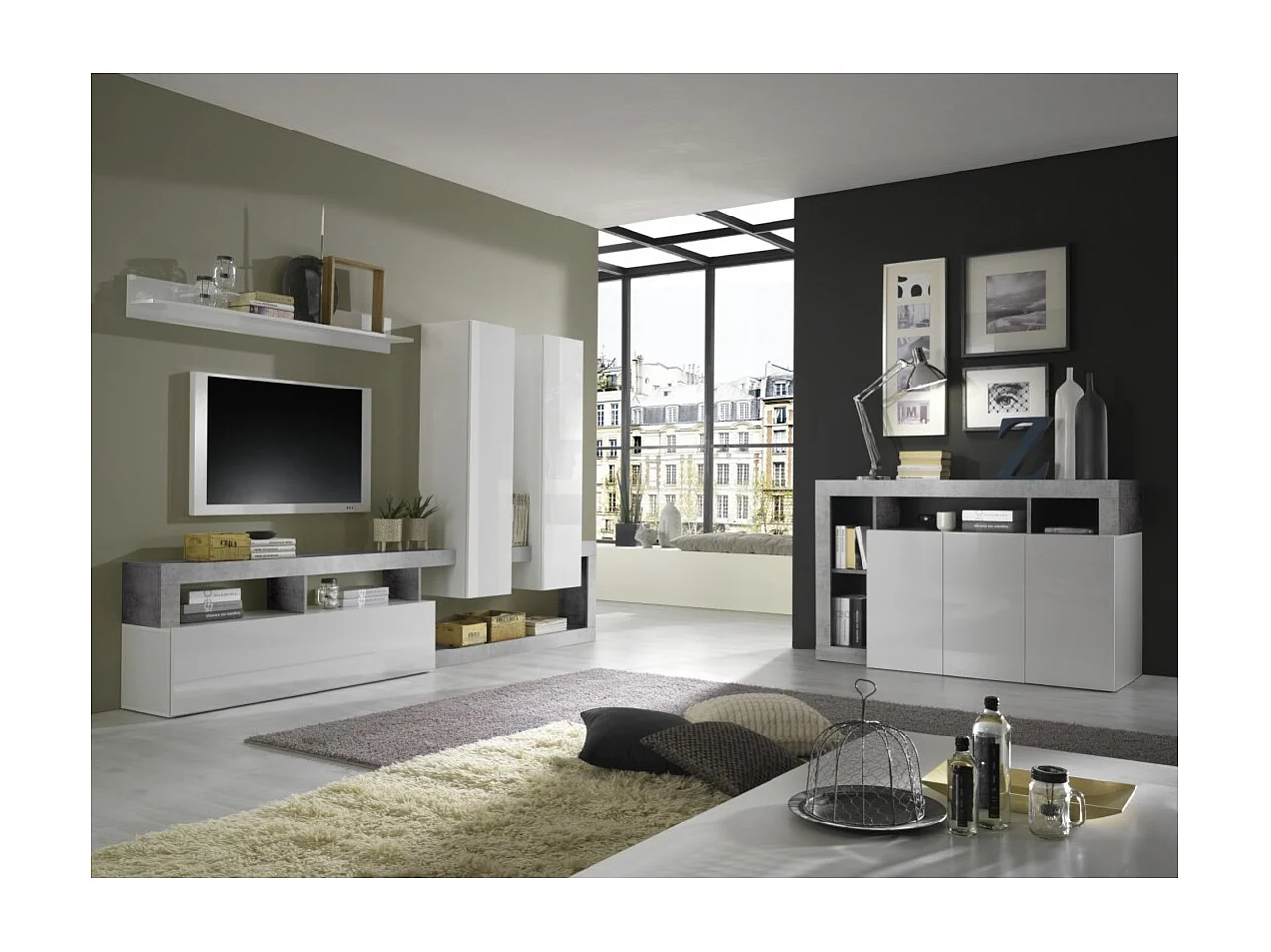 Ensemble meubles salon avec rangements, collection BURA, blanc laqué/gris effet béton