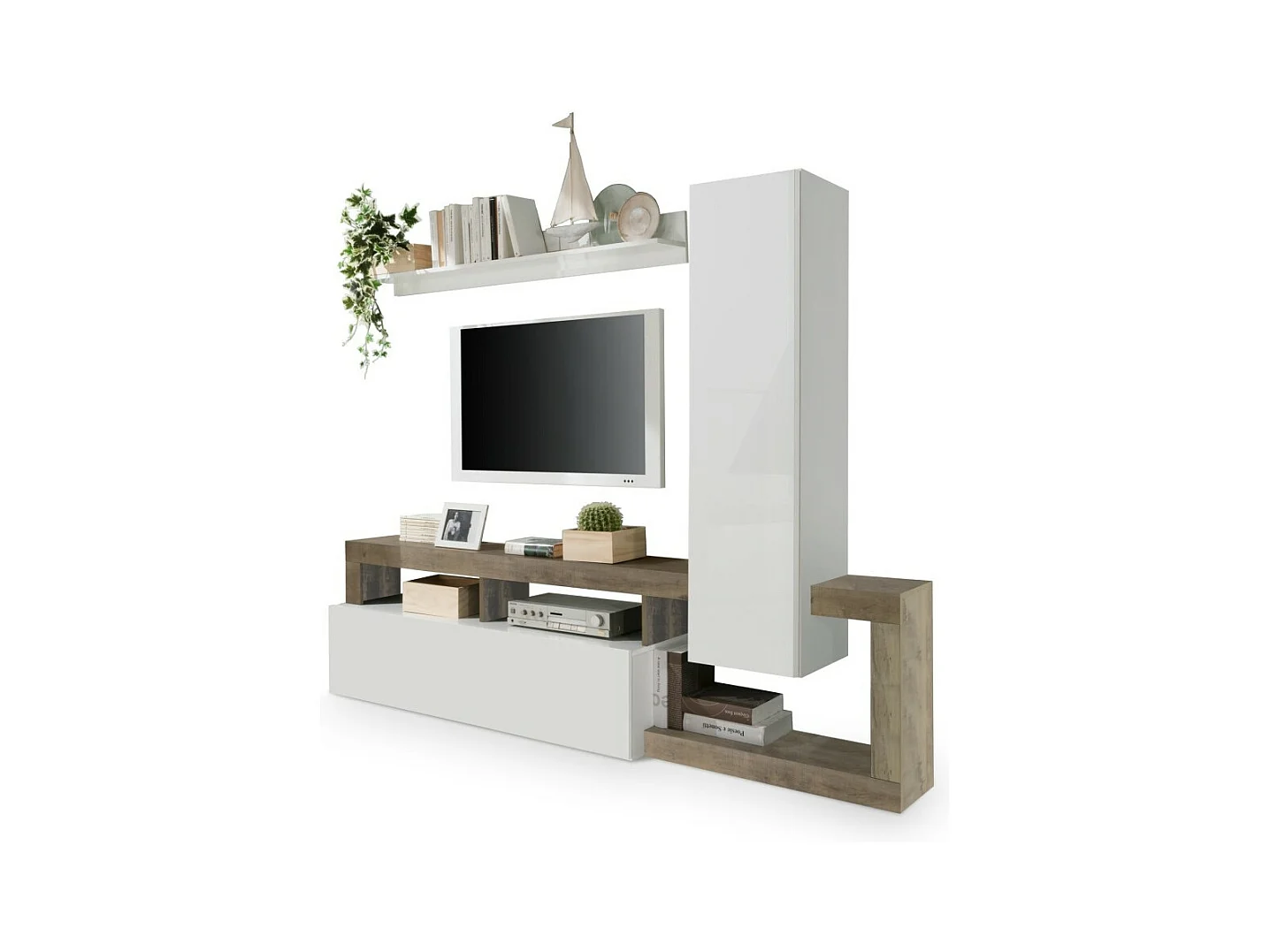 Ensemble meubles salon avec rangements 220 cm, collection BURA, blanc laqué/chêne clair