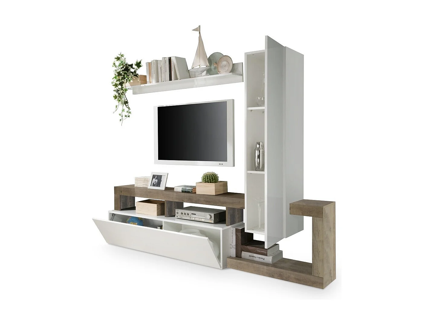 Ensemble meubles salon avec rangements 220 cm, collection BURA, blanc laqué/chêne clair