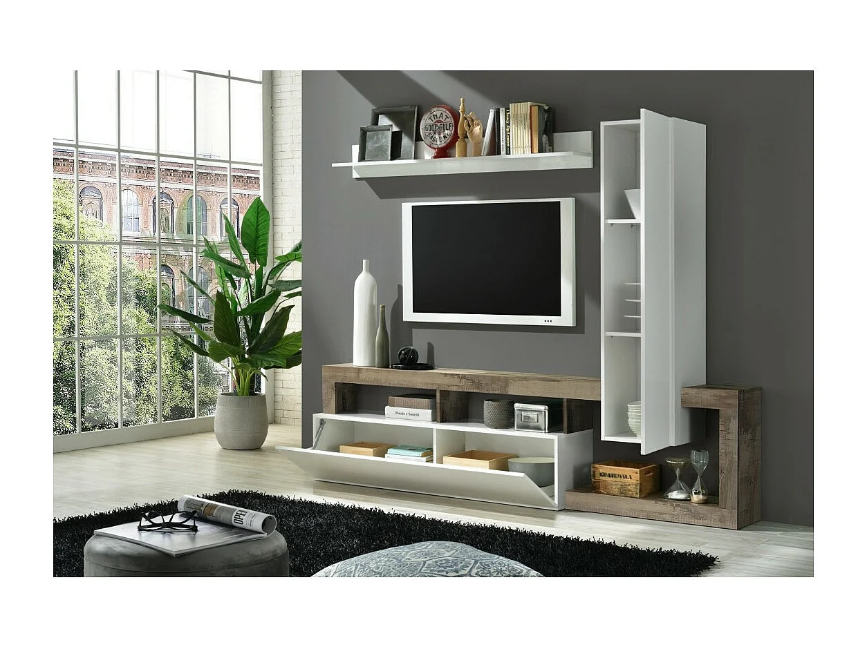 Ensemble meubles salon avec rangements 220 cm, collection BURA, blanc laqué/chêne clair