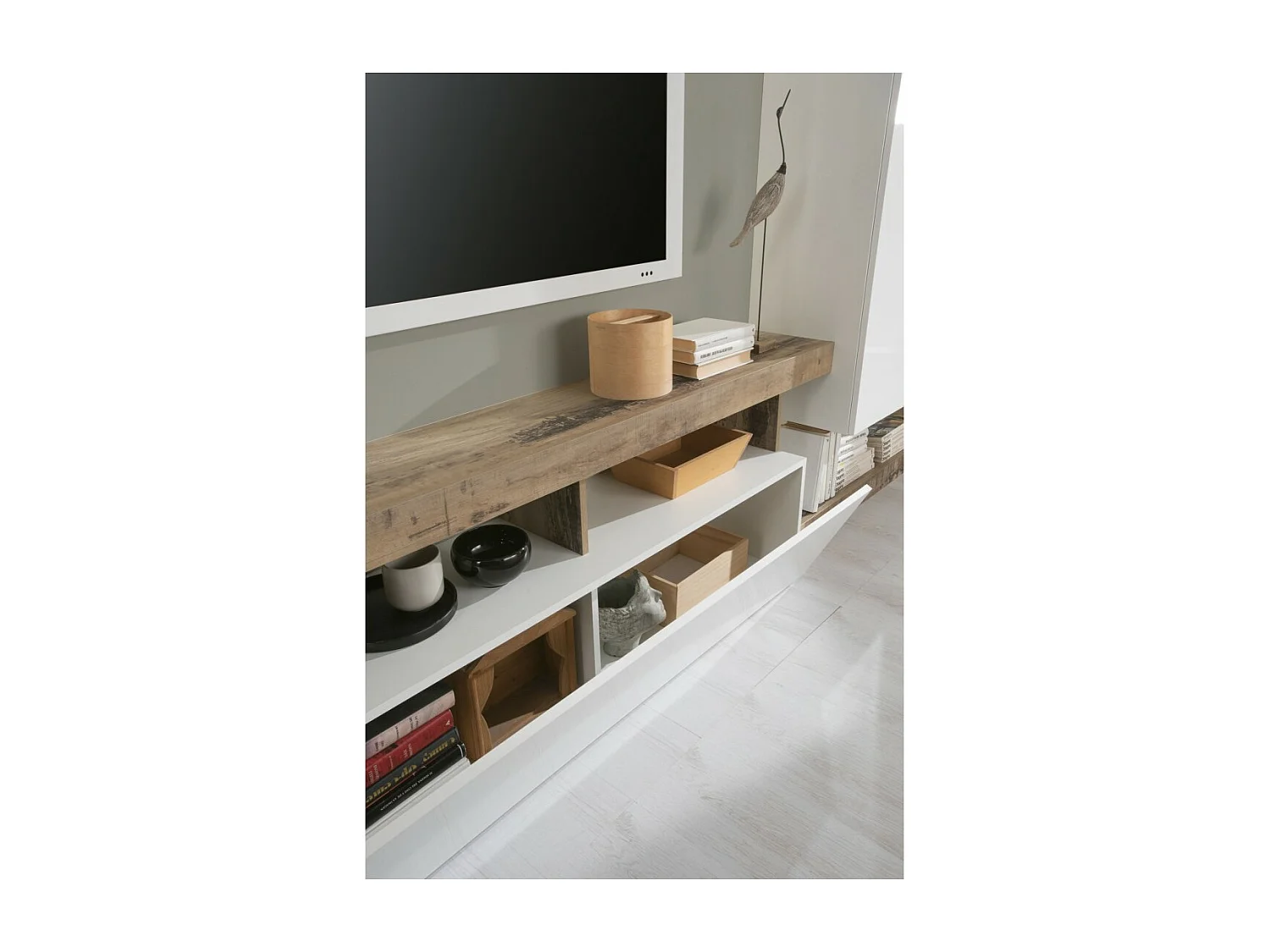 Ensemble meubles salon avec rangements 220 cm, collection BURA, blanc laqué/chêne clair