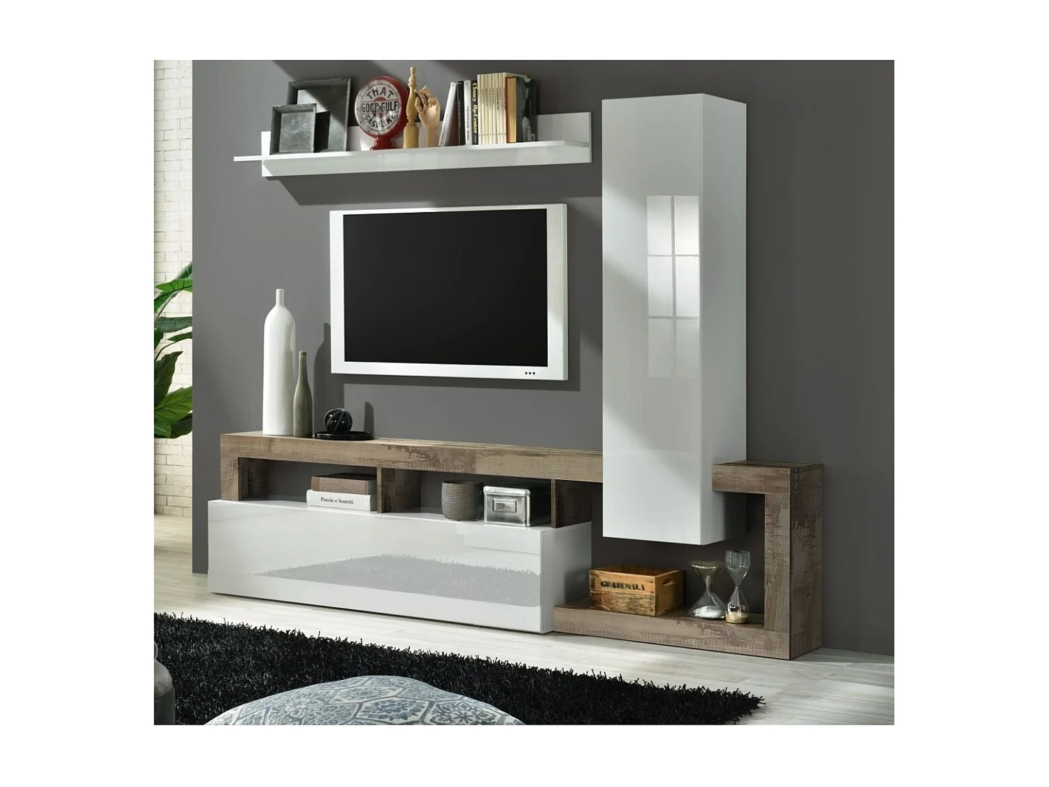 Ensemble meubles salon avec rangements 220 cm, collection BURA, blanc laqué/chêne clair