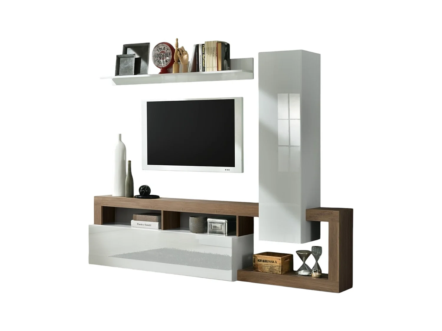 Ensemble meubles salon avec rangements, collection BURA, longueur 219 cm, blanc laqué/chêne mercure
