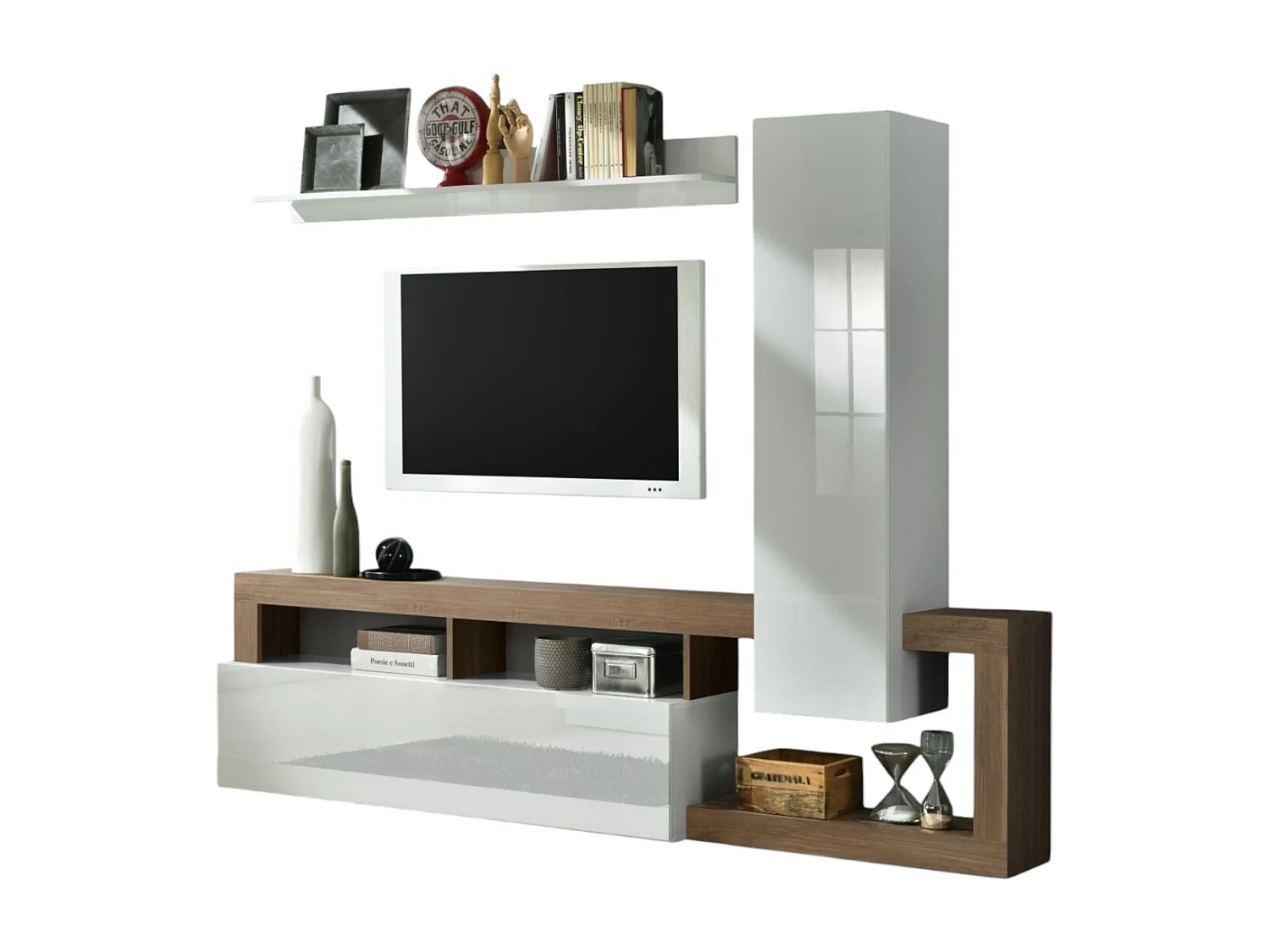 Wohnzimmermöbelset mit Stauraum, Kollektion BURA, Länge 219 cm, weiß lackiert/Eichenholz Merkur