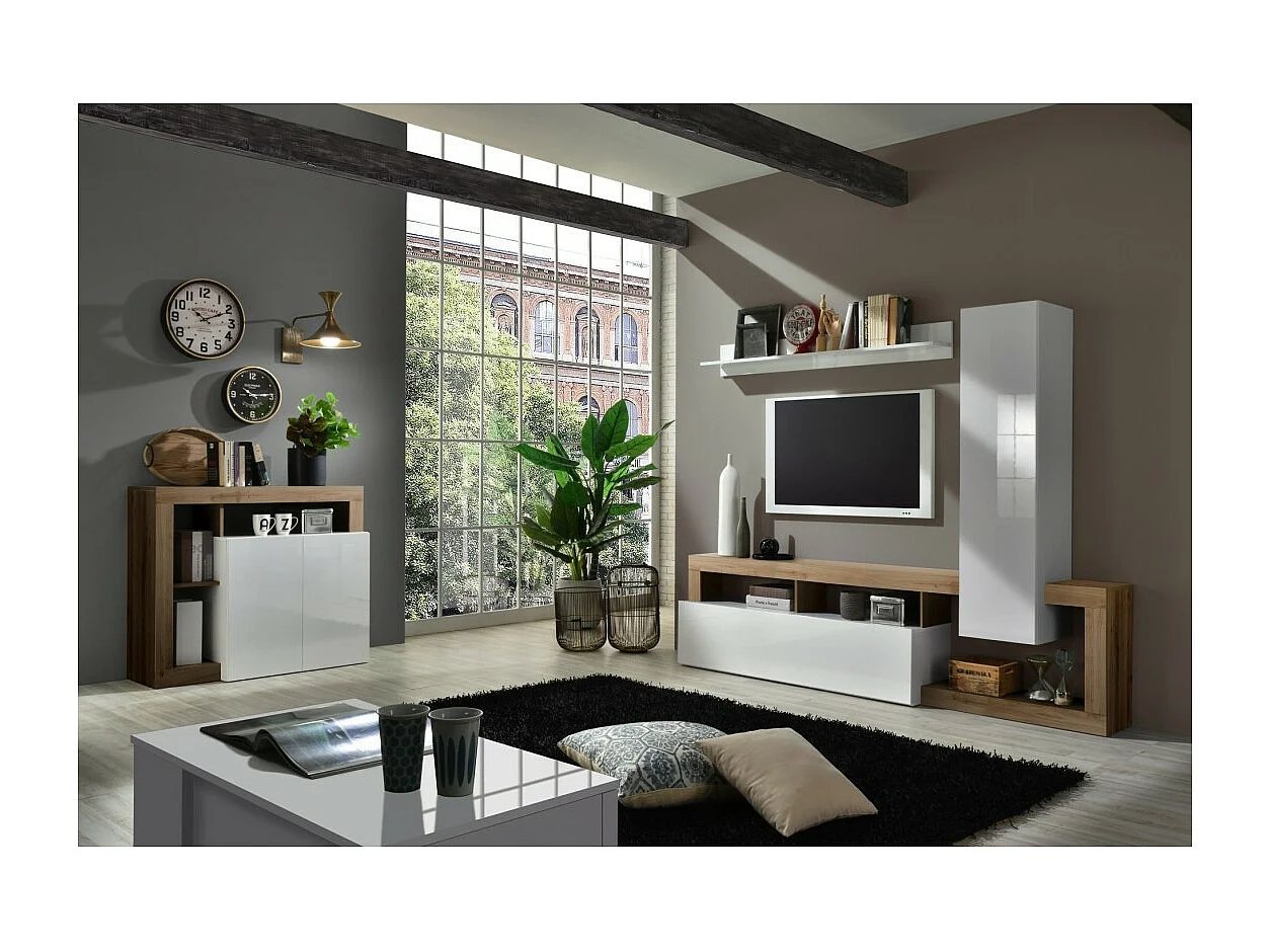 Wohnzimmermöbelset mit Stauraum, Kollektion BURA, Länge 219 cm, weiß lackiert/Eichenholz Merkur