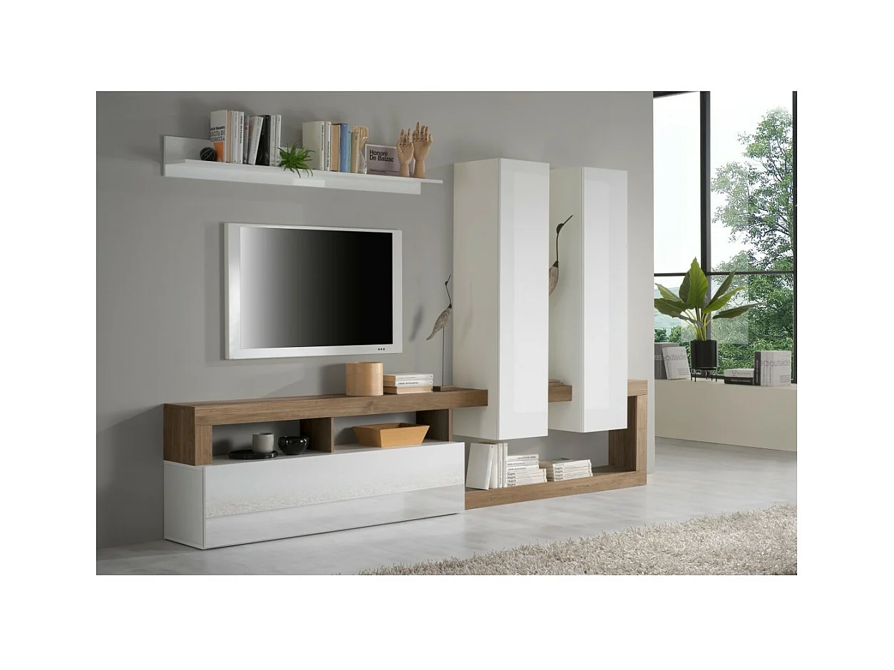 Ensemble meubles salon avec rangements, collection BURA, blanc brillant laqué/chêne mercure