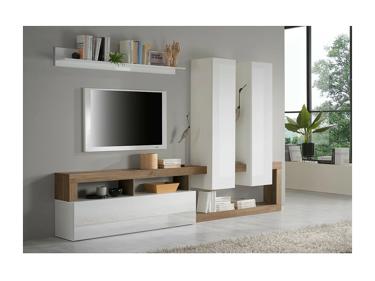 Wohnzimmermöbel-Set mit Stauraum, Kollektion BURA, Hochglanz Weiß Lack / Merkur Eiche