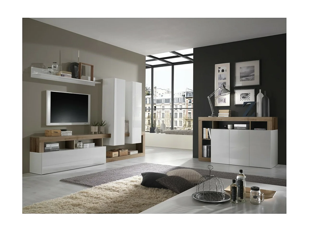 Wohnzimmermöbel-Set mit Stauraum, Kollektion BURA, Hochglanz Weiß Lack / Merkur Eiche