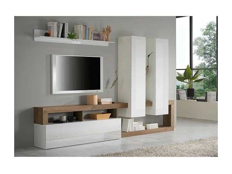 Wohnzimmermöbel-Set mit Stauraum, Kollektion BURA, Hochglanz Weiß Lack / Merkur Eiche