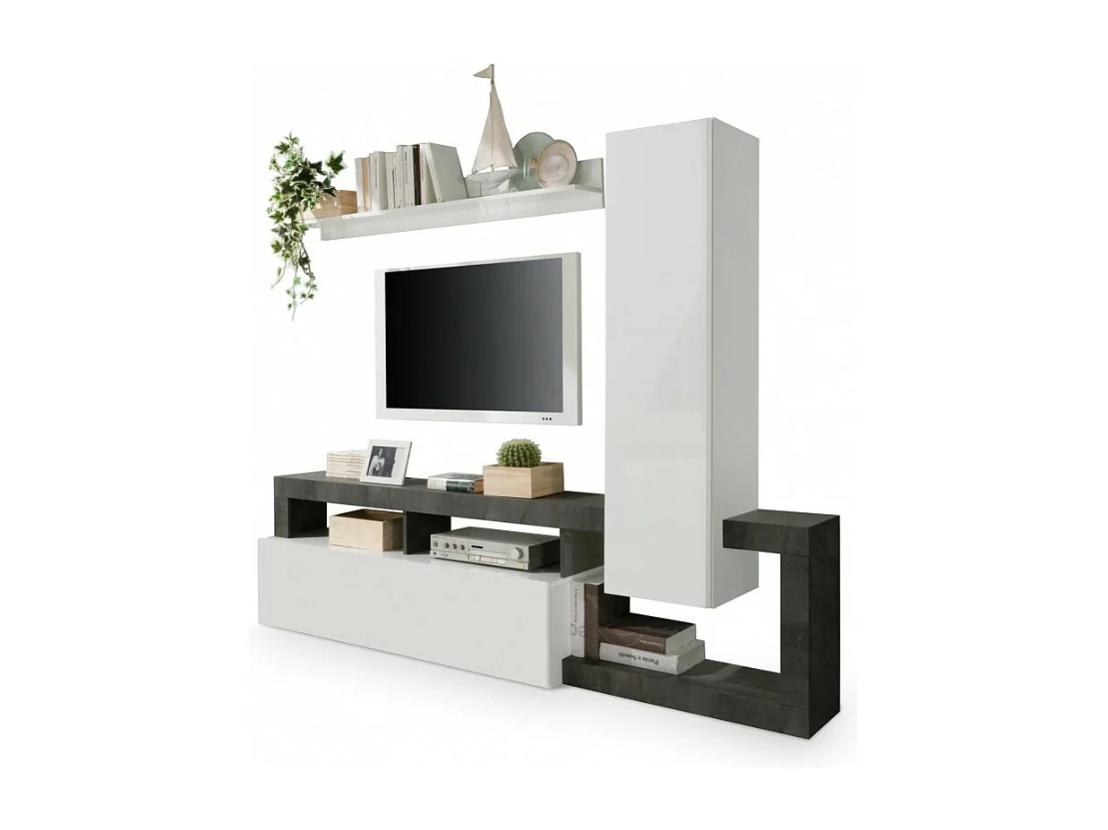 Wohnzimmermöbel-Set mit Stauraum 220 cm, Kollektion BURA, weiß lackiert / anthrazitgrau