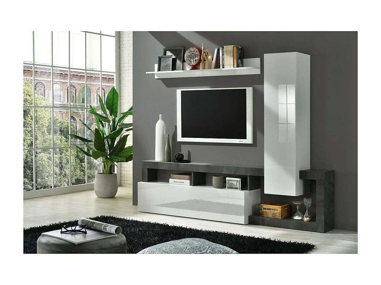 Wohnzimmermöbel-Set mit Stauraum 220 cm, Kollektion BURA, weiß lackiert / anthrazitgrau