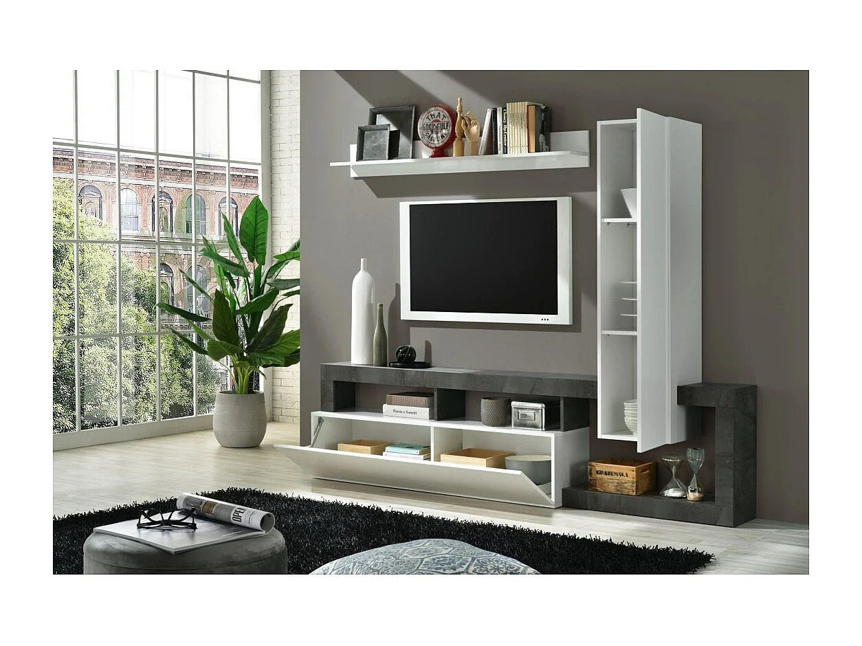 Wohnzimmermöbel-Set mit Stauraum 220 cm, Kollektion BURA, weiß lackiert / anthrazitgrau