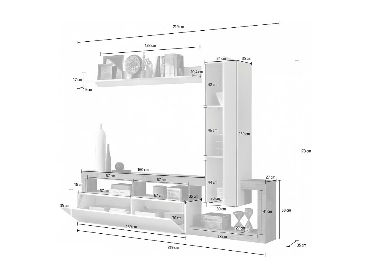 Wohnzimmermöbel-Set mit Stauraum 220 cm, Kollektion BURA, weiß lackiert / anthrazitgrau