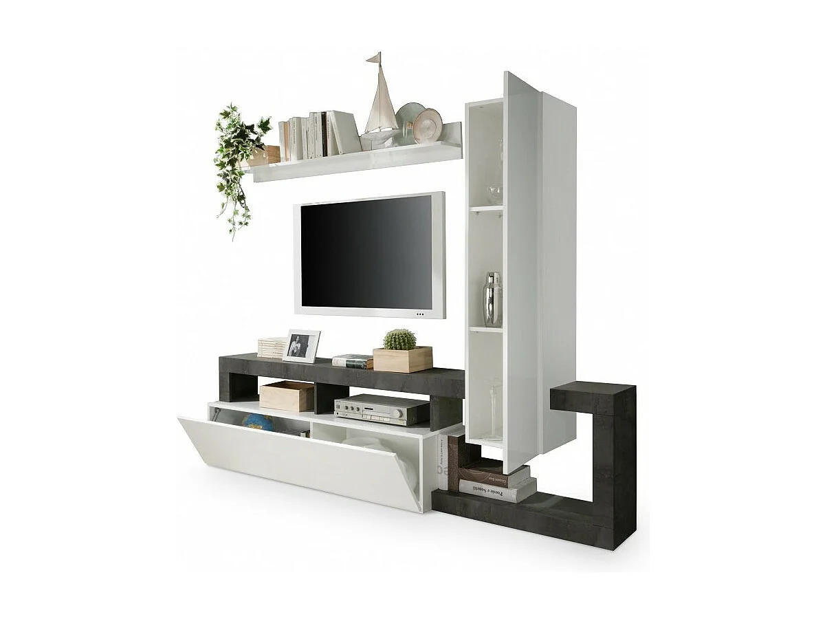 Wohnzimmermöbel-Set mit Stauraum 220 cm, Kollektion BURA, weiß lackiert / anthrazitgrau