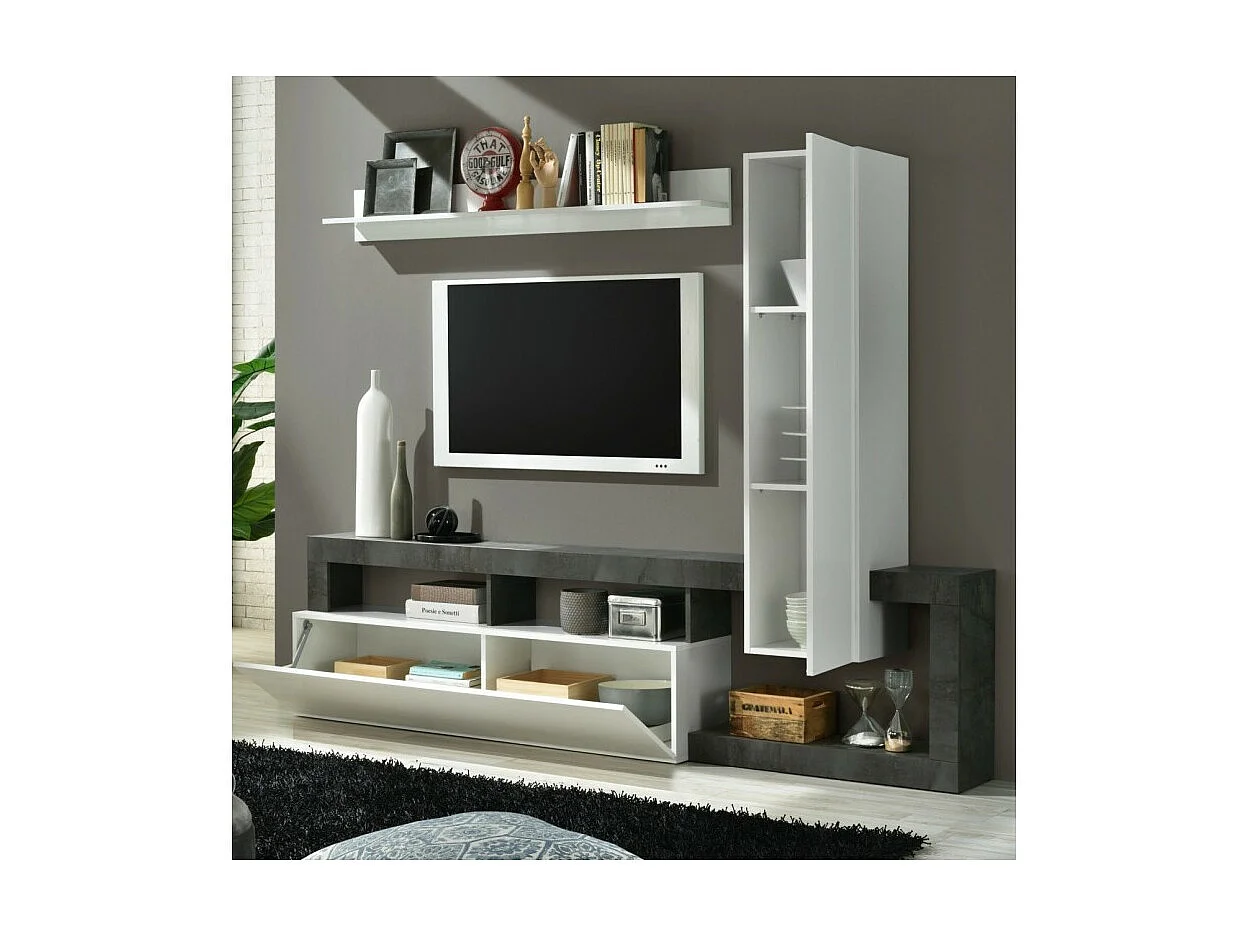 Wohnzimmermöbel-Set mit Stauraum 220 cm, Kollektion BURA, weiß lackiert / anthrazitgrau