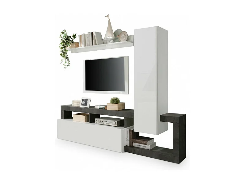 Wohnzimmermöbel-Set mit Stauraum 220 cm, Kollektion BURA, weiß lackiert / anthrazitgrau