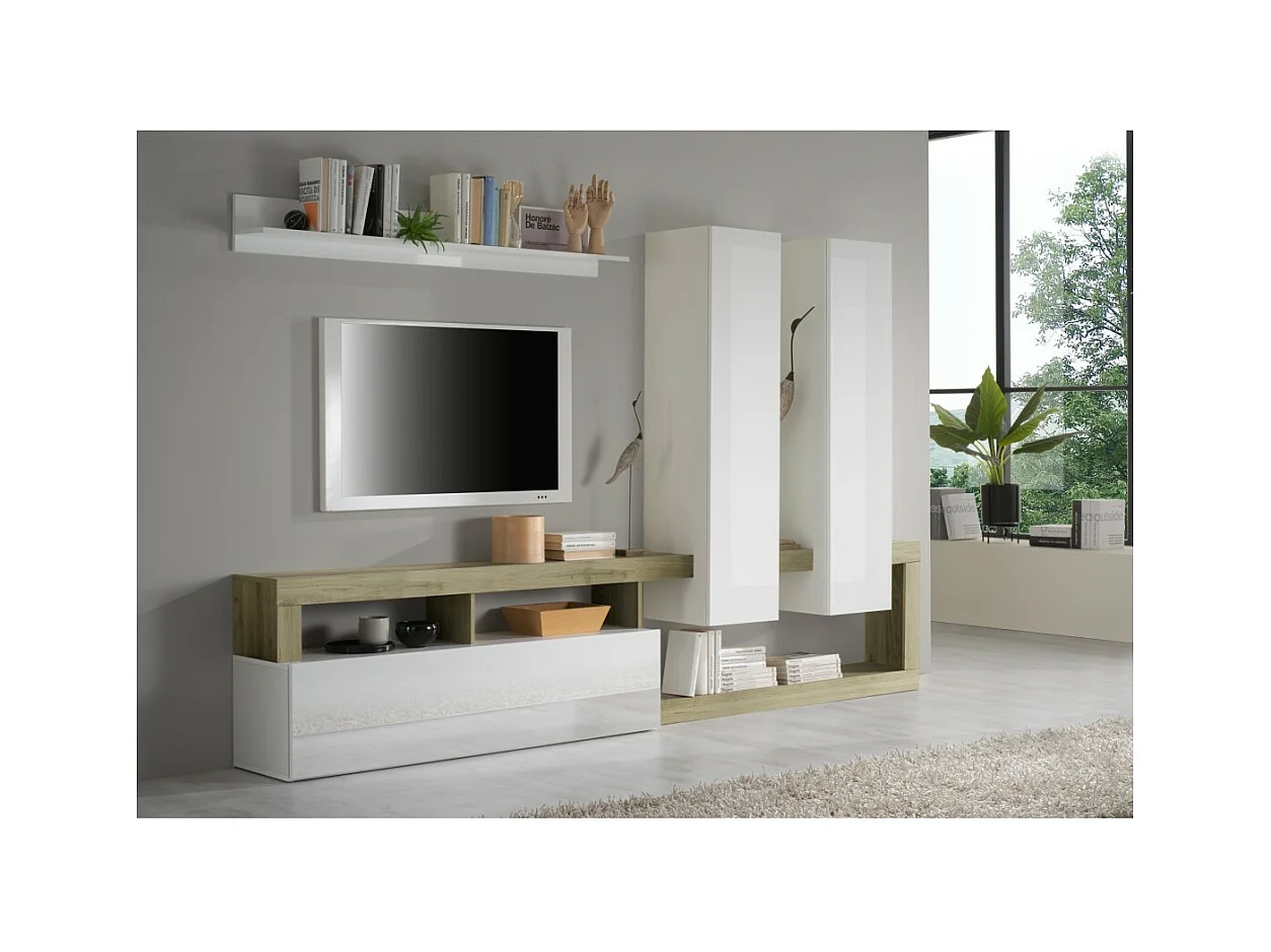 Ensemble de meubles de salon design avec nombreux rangements collection BURA. Coloris blanc laqué et chêne cadiz