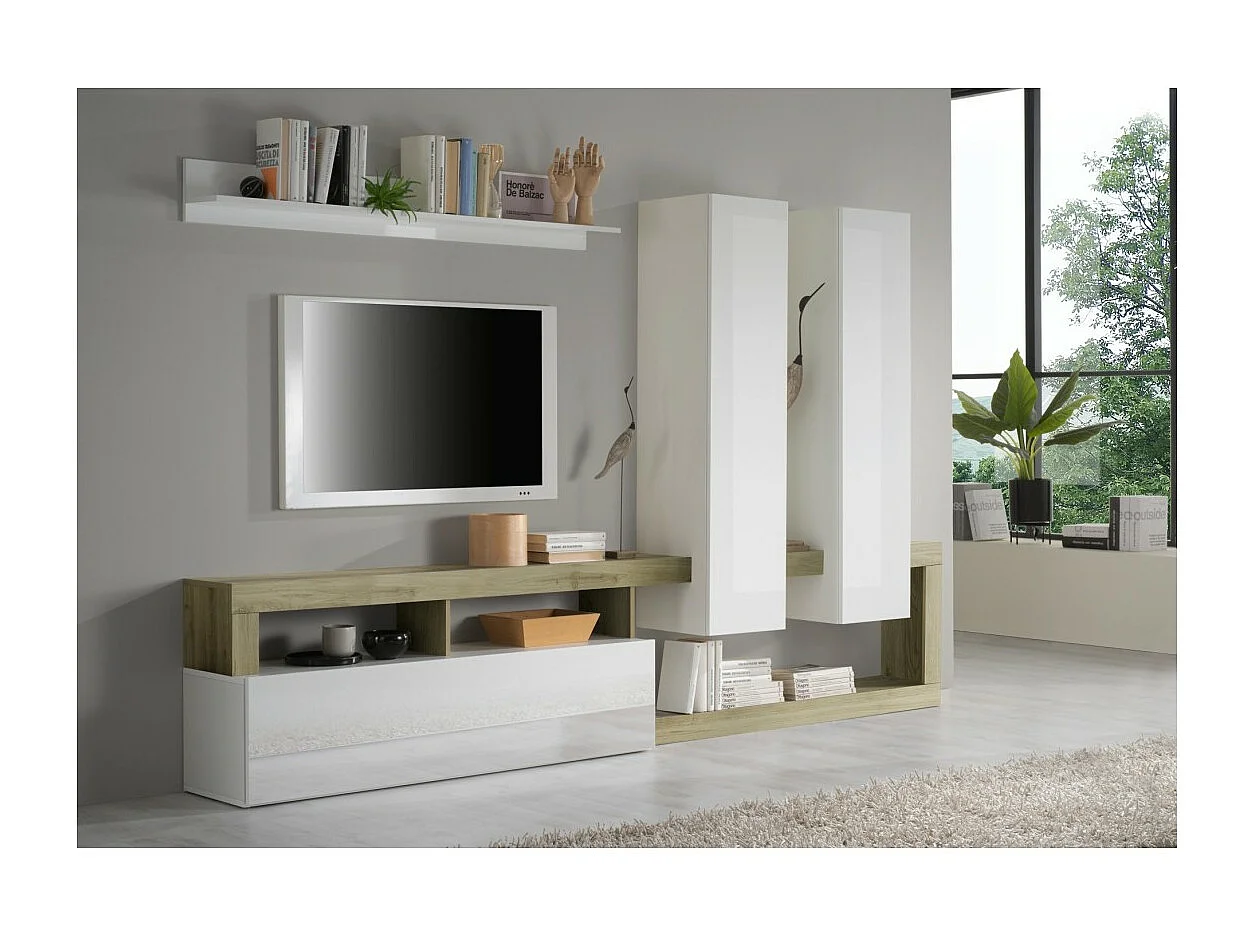 Design-Wohnzimmermöbelset mit vielen Aufbewahrungsmöglichkeiten, Kollektion BURA. Farben in Weißlack und Cadiz-Eiche.